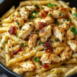 Marry Me Chicken Pasta Recipe 2 A creamy Marry Me Chicken Pasta served in a white bowl, garnished with fresh basil and parmesan cheese.