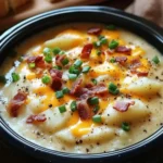 Crock Pot Crack Potato Soup 2 This image showcases a steaming bowl of Crock Pot Crack Potato Soup, rich with creamy potatoes, melted cheddar cheese, and savory bacon. The rustic presentation with crusty bread highlights its appeal as the ultimate comfort food, ideal for any occasion.