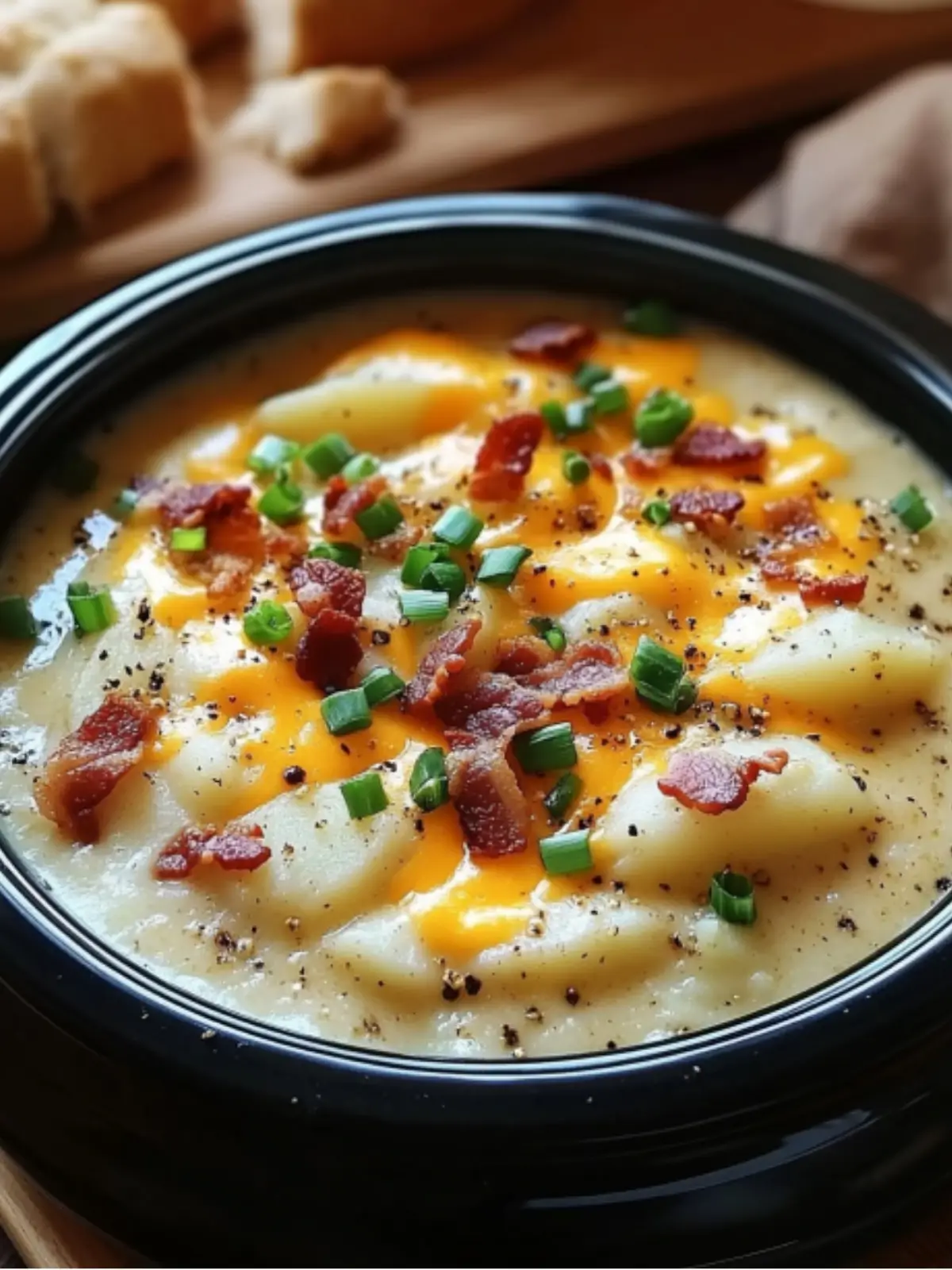 Crock Pot Crack Potato Soup 6 This image showcases a steaming bowl of Crock Pot Crack Potato Soup, rich with creamy potatoes, melted cheddar cheese, and savory bacon. The rustic presentation with crusty bread highlights its appeal as the ultimate comfort food, ideal for any occasion.
