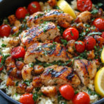 Greek Chicken and Lemon Rice 2 One Pan Greek Lemon Chicken and Rice served in a cast iron skillet with fresh parsley and lemon slices for garnish.