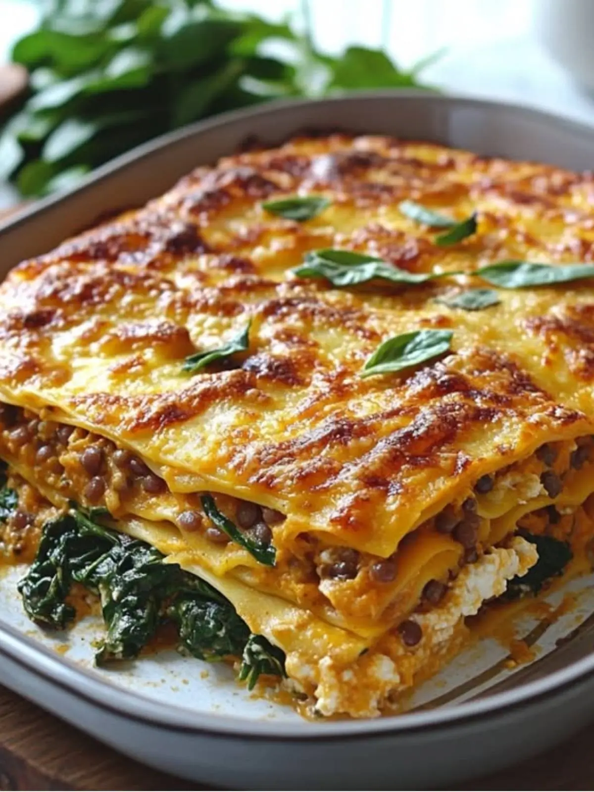 Pumpkin Spinach and Lentil Lasagne
