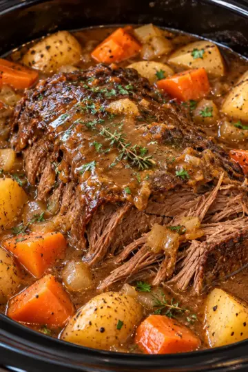 beef pot roast with gravy in a slow cooker — featured