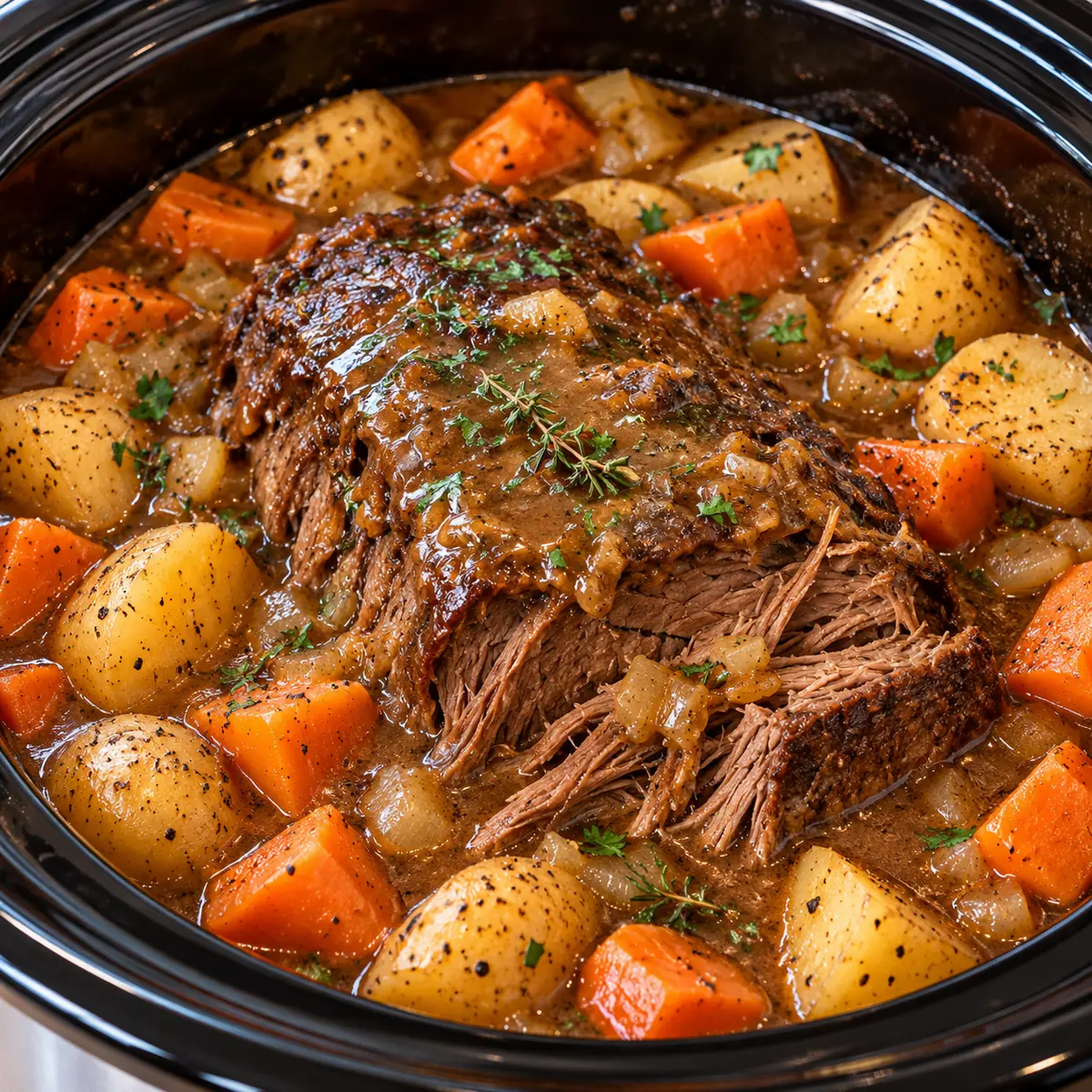 beef pot roast with gravy in a slow cooker — featured