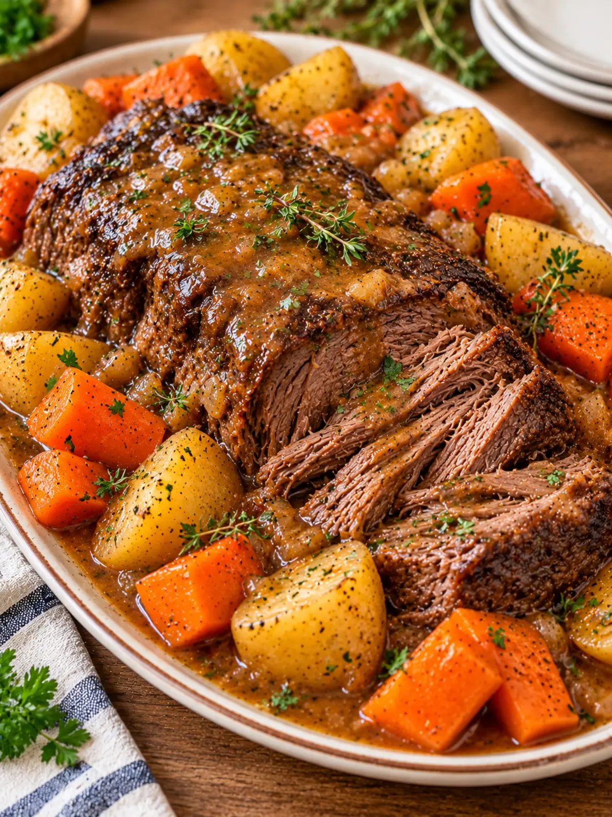 beef pot roast with gravy in a slow cooker — final serving