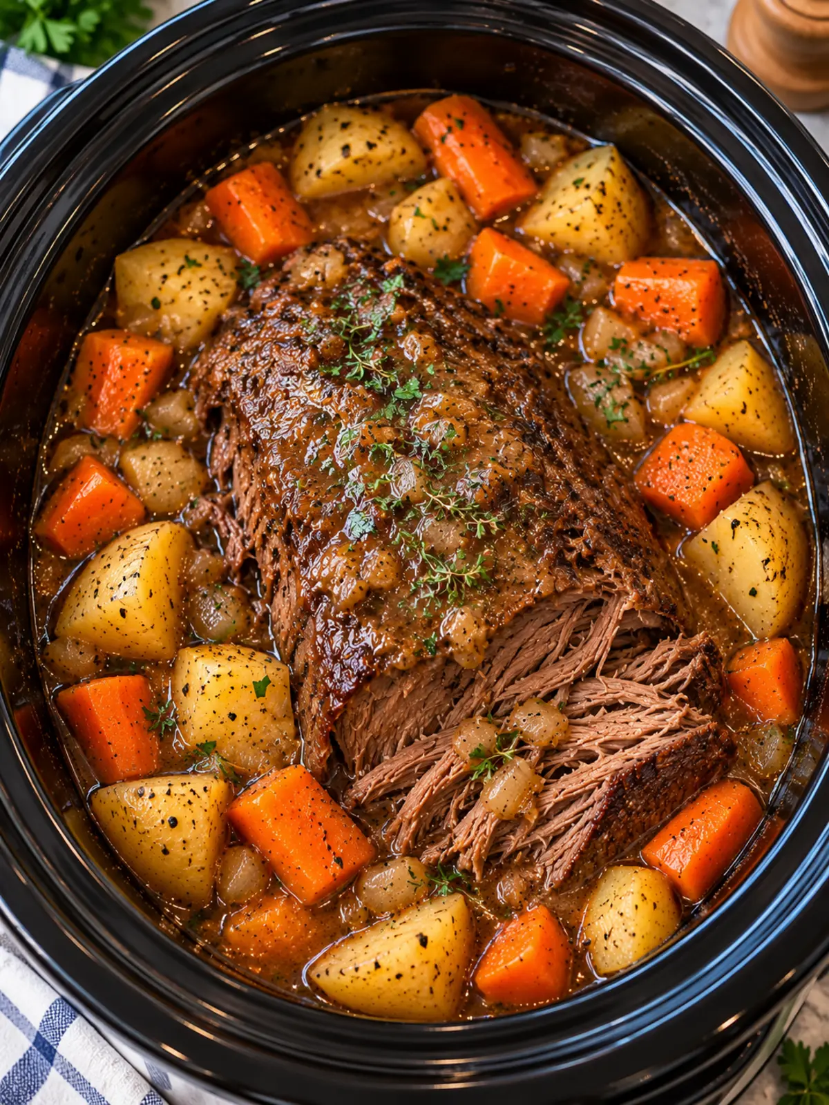 beef pot roast with gravy in a slow cooker — finished dish