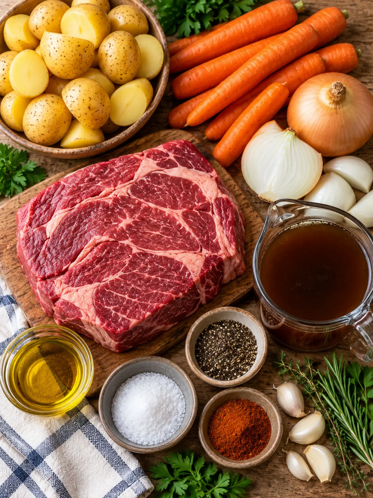 beef pot roast with gravy in a slow cooker — ingredients flat lay