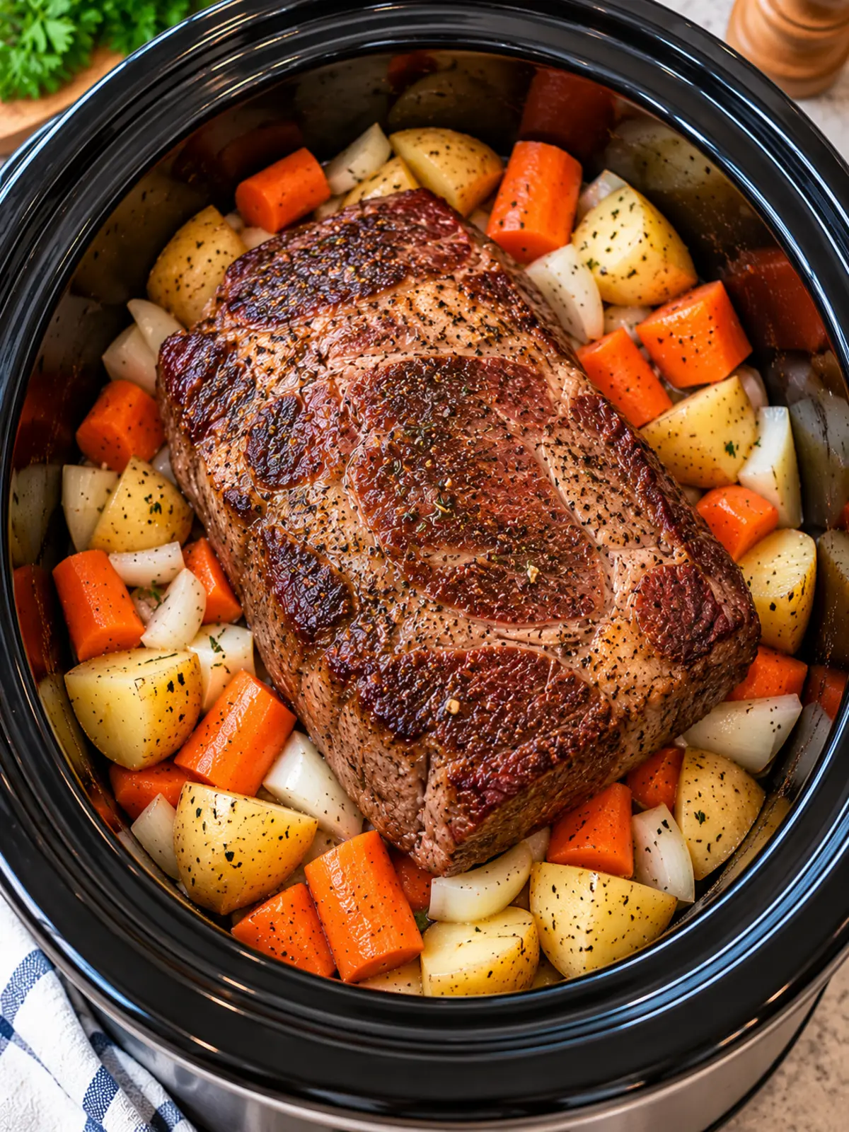 beef pot roast with gravy in a slow cooker — process image
