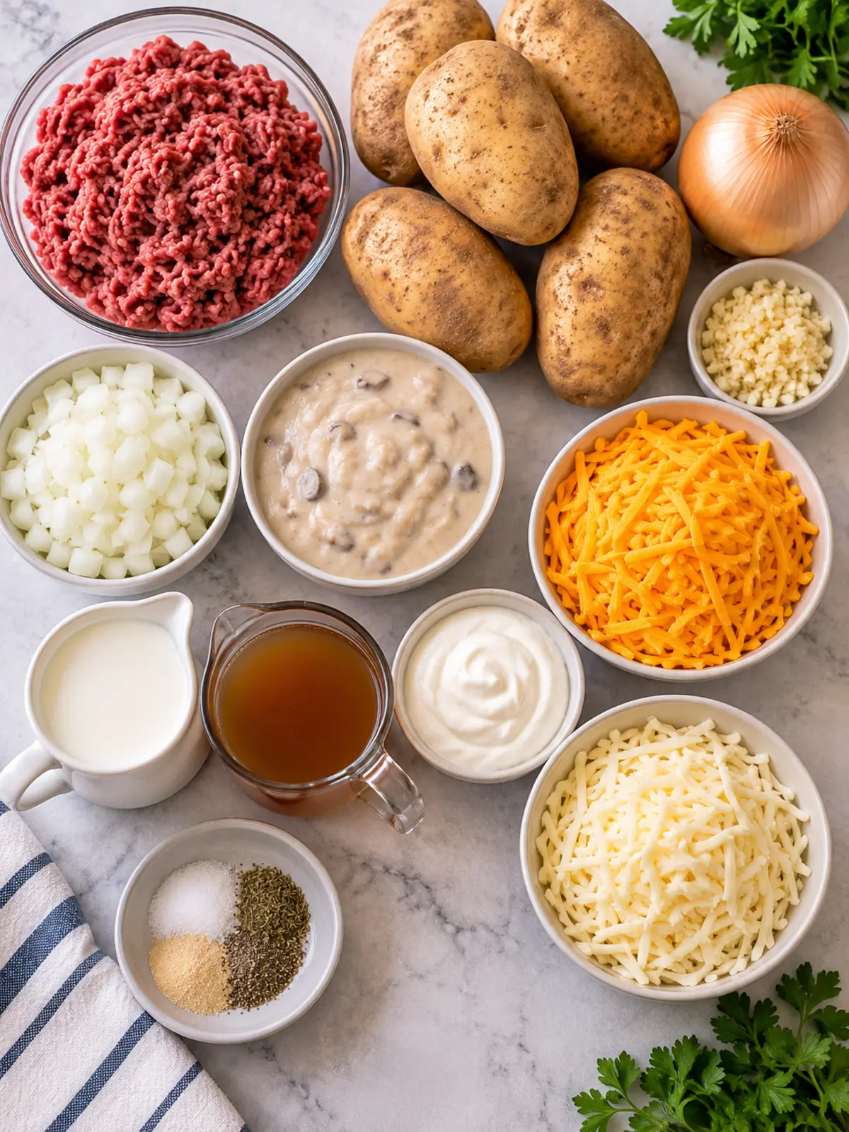 Cheesy Hamburger Potato Casserole for Comforting Meals — ingredients flat lay