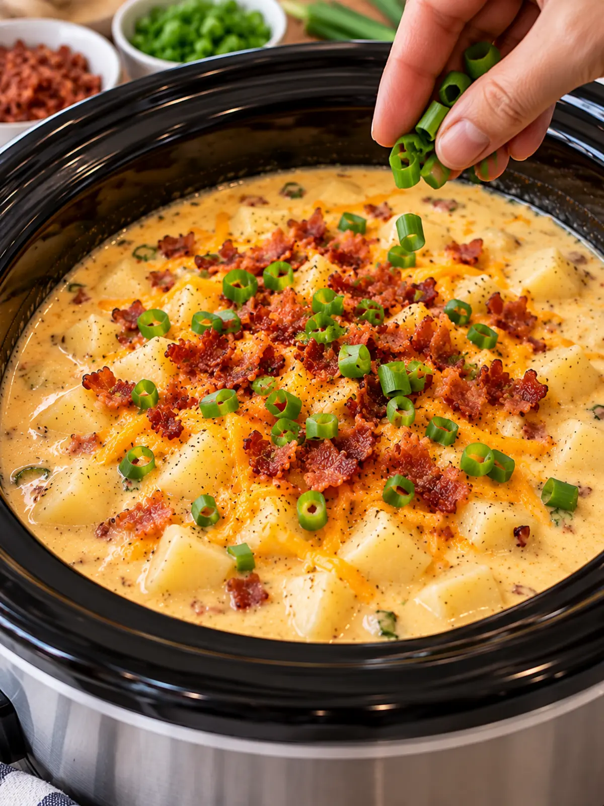 Crock Pot Potato Soup with Bacon and Cream Cheese 5 Crock Pot Potato Soup with Bacon and Cream Cheese — final garnish