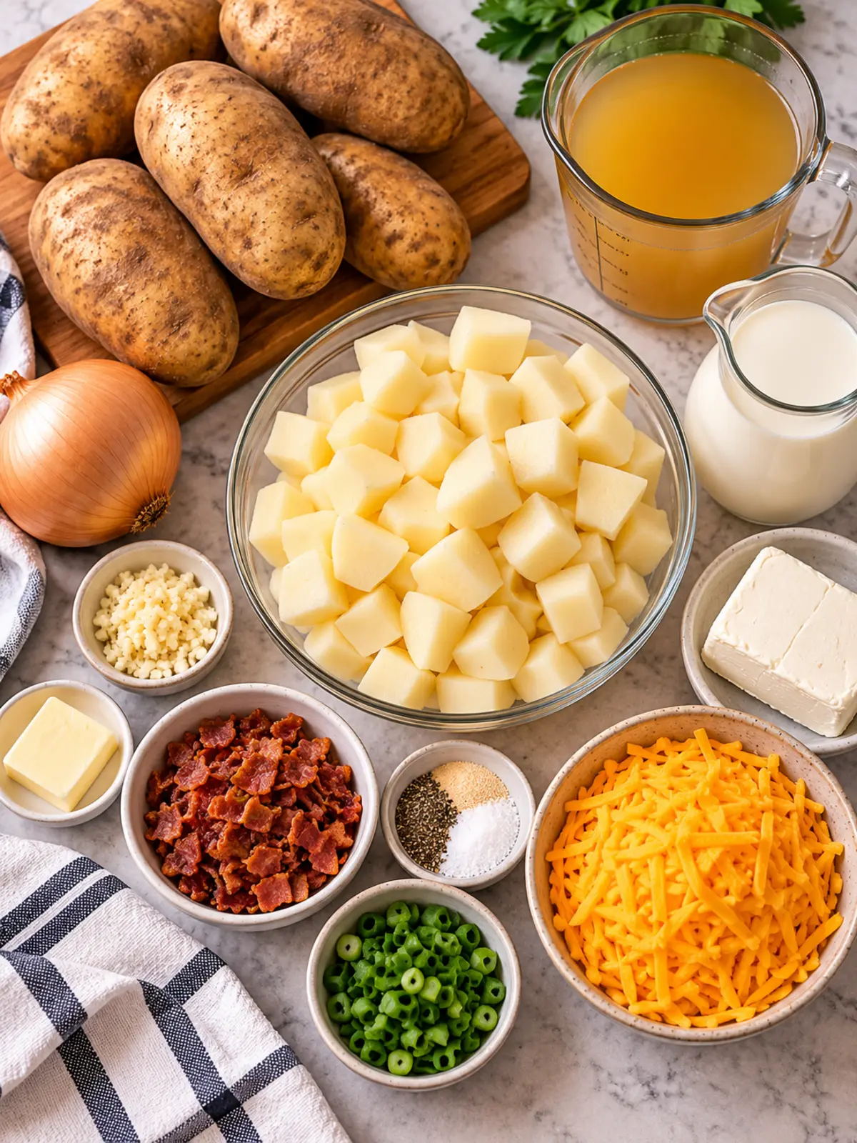 Crock Pot Potato Soup with Bacon and Cream Cheese 2 Crock Pot Potato Soup with Bacon and Cream Cheese — ingredients flat lay