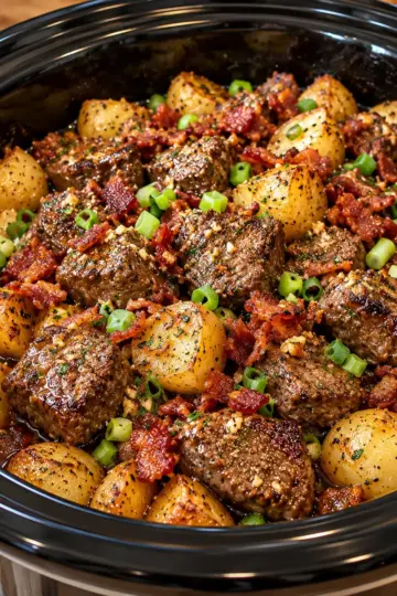 Crockpot Garlic Butter Steak with Loaded Bacon Potatoes — featured