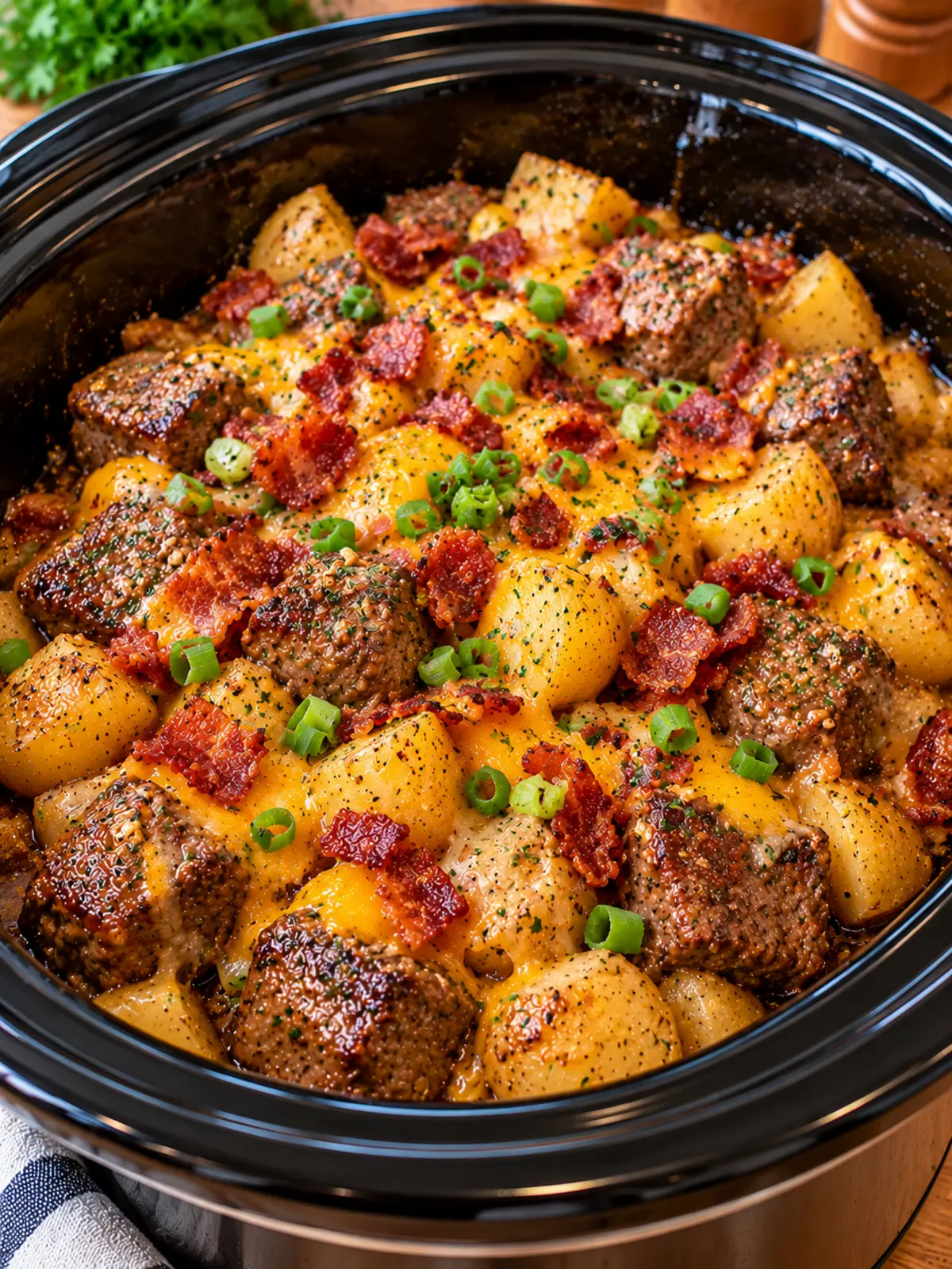 Crockpot Garlic Butter Steak with Loaded Bacon Potatoes — final-beauty