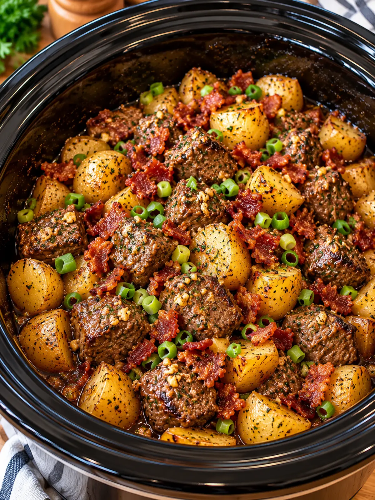 Crockpot Garlic Butter Steak with Loaded Bacon Potatoes — finished-dish