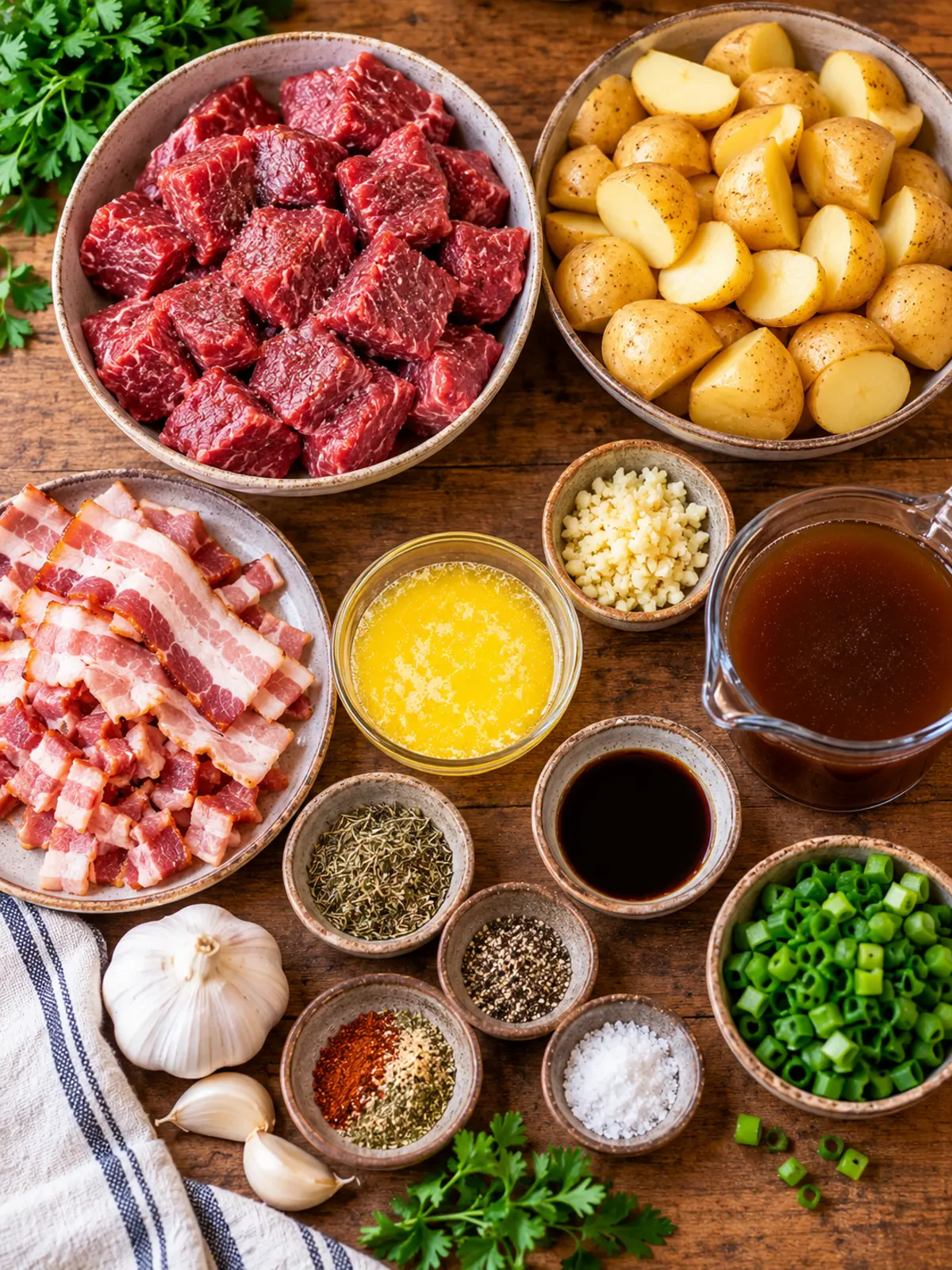 Crockpot Garlic Butter Steak with Loaded Bacon Potatoes — ingredients-flat-lay